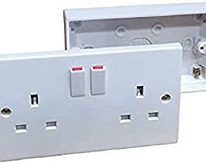 White 2 Gang Twin Double Switched Wall Socket + 25mm Surface Pattress Back Box