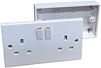 White 2 Gang Twin Double Switched Wall Socket + 25mm Surface Pattress Back Box
