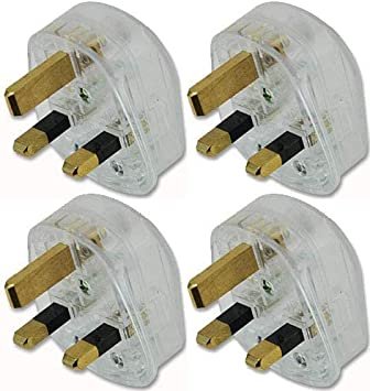 Mr. Gadget's Solutions Transparent UK Fused 13 Amp Mains 3 Pin Household Plugs. Complete with Card Showing Wiring Diagram - Pack of 4