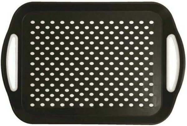 2X Set of Anti-Slip Rectangular Non-Slip Top and Bottom Plastic Dinner/ Drinks Serving Tray with High Grip Rubber Surface, Easy Grip Handles, Black & White.