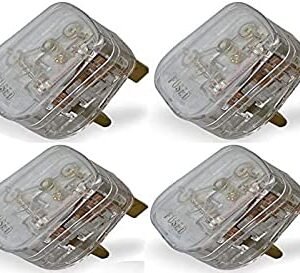 Mr. Gadget's Solutions Transparent UK Fused 13 Amp Mains 3 Pin Household Plugs. Complete with Card Showing Wiring Diagram - Pack of 4