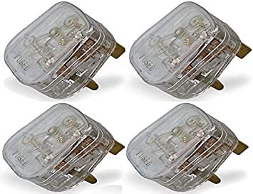 Mr. Gadget's Solutions Transparent UK Fused 13 Amp Mains 3 Pin Household Plugs. Complete with Card Showing Wiring Diagram - Pack of 4