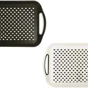 2X Set of Anti-Slip Rectangular Non-Slip Top and Bottom Plastic Dinner/ Drinks Serving Tray with High Grip Rubber Surface, Easy Grip Handles, Black & White.