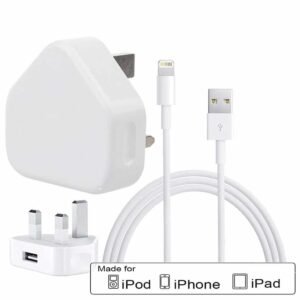 Premium Quality Replacement Charger White 3 Pin Main UK CE Approved For iPhone 8, 8 Plus, X, 7, 7 Plus, 6, 6s, 6Plus, XR, XS MAX USB Plug Charger + Cable