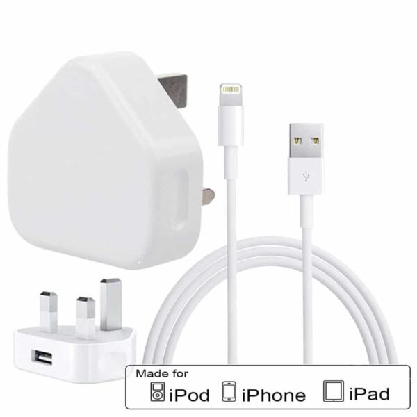 Premium Quality Replacement Charger White 3 Pin Main UK CE Approved For iPhone 8, 8 Plus, X, 7, 7 Plus, 6, 6s, 6Plus, XR, XS MAX USB Plug Charger + Cable