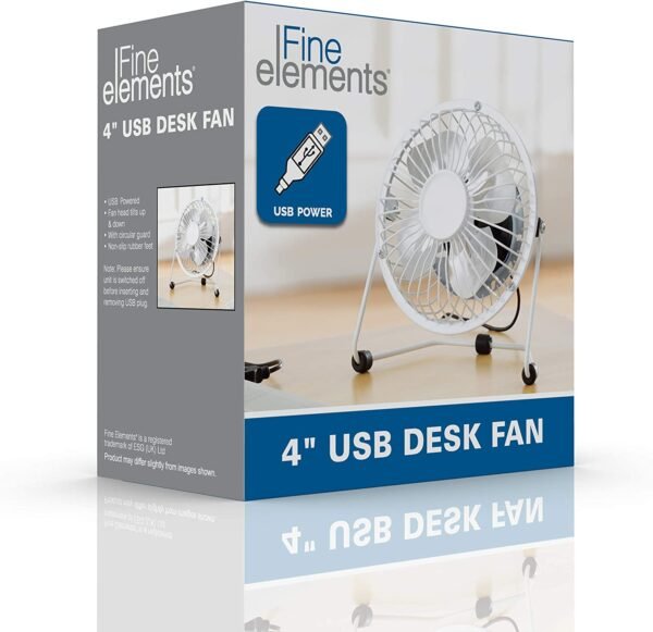 Fine Elements COL1263 4-Inch Desk Fan, USB Desk Fan, Four Aluminium Blades, Sturdy Trapezia Base, Portable 2.5W Table Fan for Home or Office Use, Easy to Use, Ideal Cooling While at Work - White