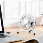 Fine Elements COL1263 4-Inch Desk Fan, USB Desk Fan, Four Aluminium Blades, Sturdy Trapezia Base, Portable 2.5W Table Fan for Home or Office Use, Easy to Use, Ideal Cooling While at Work - White