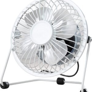 Fine Elements COL1263 4-Inch Desk Fan, USB Desk Fan, Four Aluminium Blades, Sturdy Trapezia Base, Portable 2.5W Table Fan for Home or Office Use, Easy to Use, Ideal Cooling While at Work - White