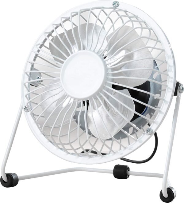 Fine Elements COL1263 4-Inch Desk Fan, USB Desk Fan, Four Aluminium Blades, Sturdy Trapezia Base, Portable 2.5W Table Fan for Home or Office Use, Easy to Use, Ideal Cooling While at Work - White