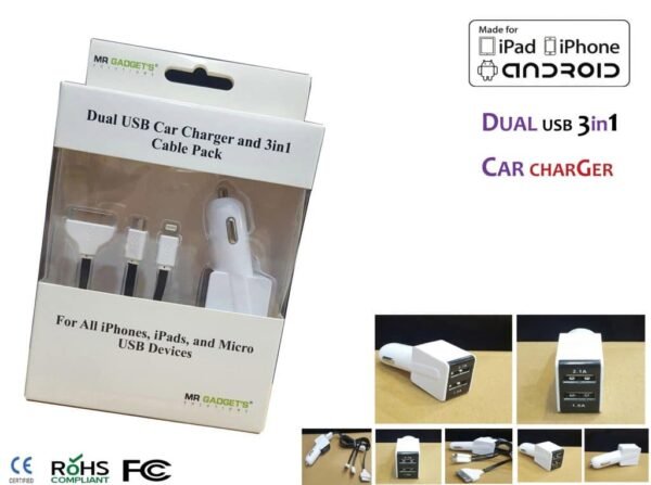 2in1 Dual port USB car charger 2Amp with 3 in1 cable