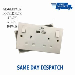 2 Gang Double 3 Pin Wall Socket with 2 USB