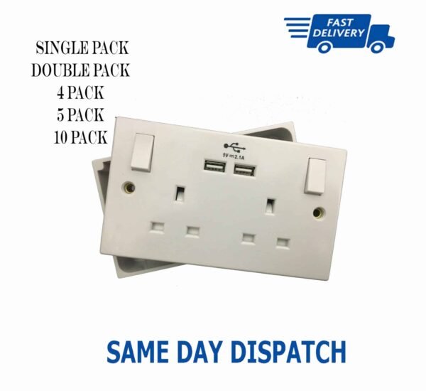 2 Gang Double 3 Pin Wall Socket with 2 USB