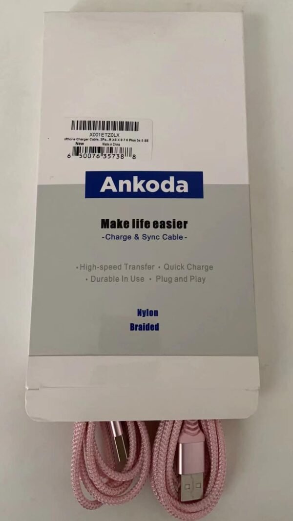 Ankoda 2Pack 2M/6FT Lightning Cable Nylon Braided Durable Fast Charging Cord Data & Sync Compatible With iPhone 12 Pro Max Mini 11 Pro Max XR XS X 8 7 6 Plus 5s 5 SE-Pink