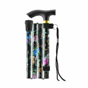 Walking Stick Easy Adjustable Folding Cane Flower Design Non-Slip (Black Flower)