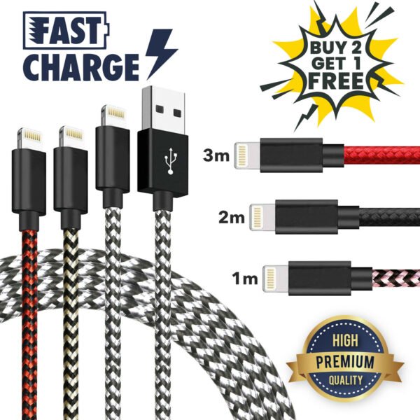 1m 2m 3m Long iPhone Charger for Apple iPhone 12 11 X 6 5 7 8 USB Cable