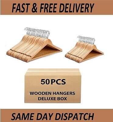 50 pack Wooden Hangers for Coat Suit Trouser Garments Clothes Coat Hanger Bar